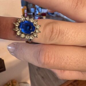 Blue Glass Beads With Costume Jewelry Silver Plated Adjustable Ring